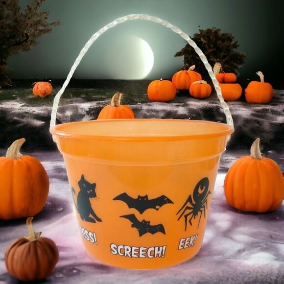Vintage Halloween Bucket Pail Trick or Treat Black Cats Bats Translucent 1990s. - Picture 1 of 16